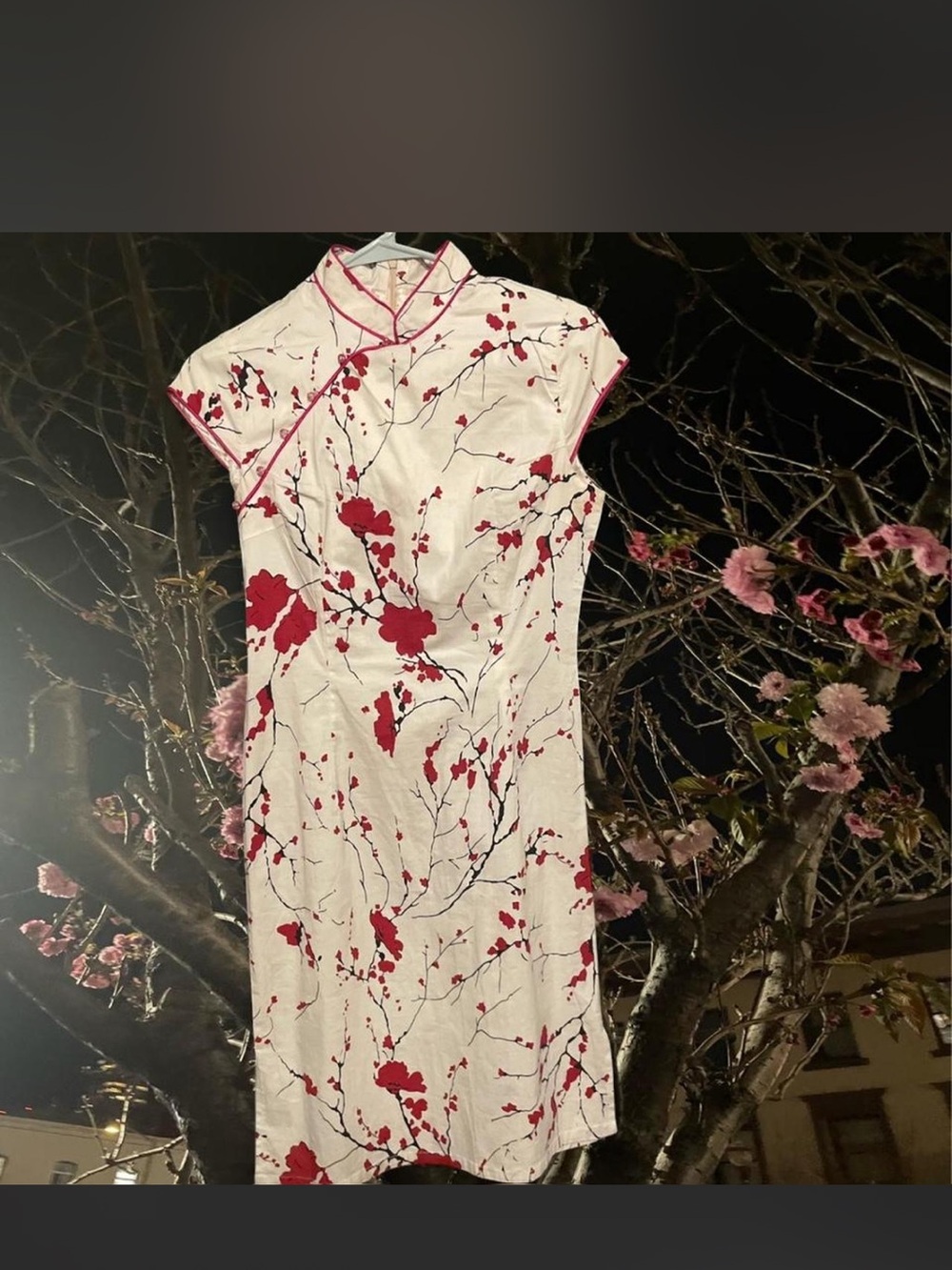 Women's White Floral Cheongsam Dress with Red Blossom Print
